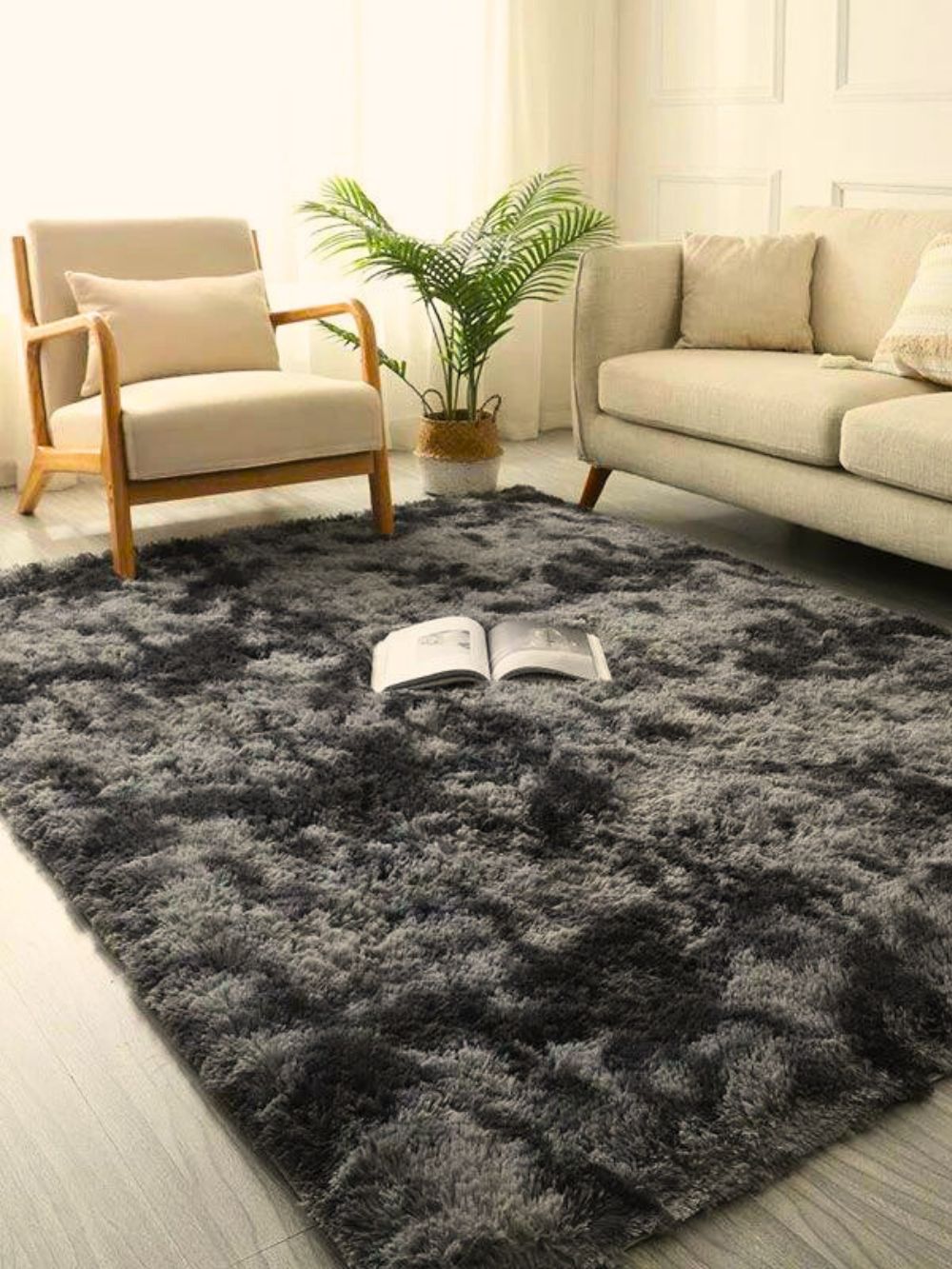 Tapis Ultra Doux à Longs Poils Couleur Noir Anthracite