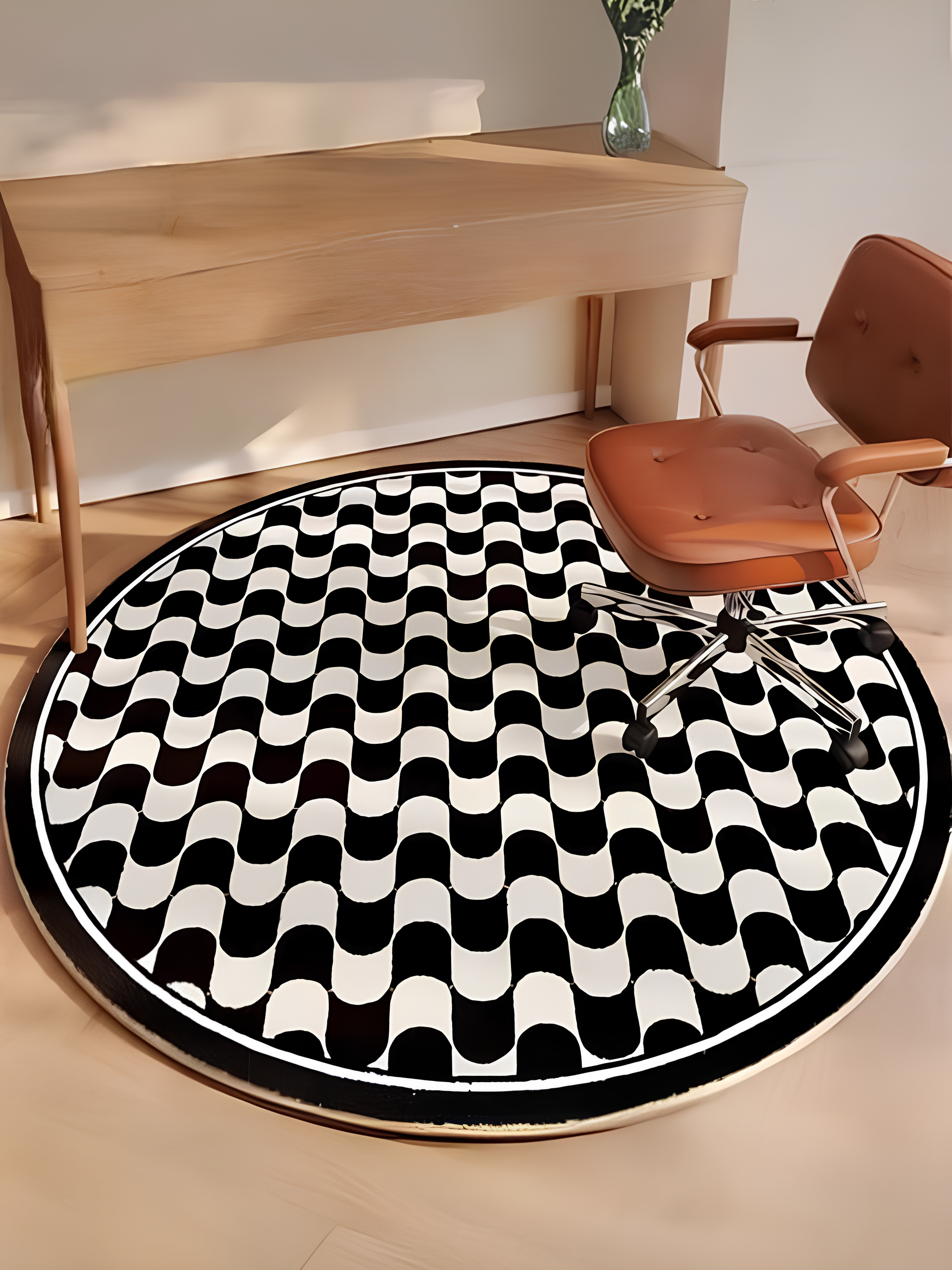 Tapis rond à la française, noir et blanc