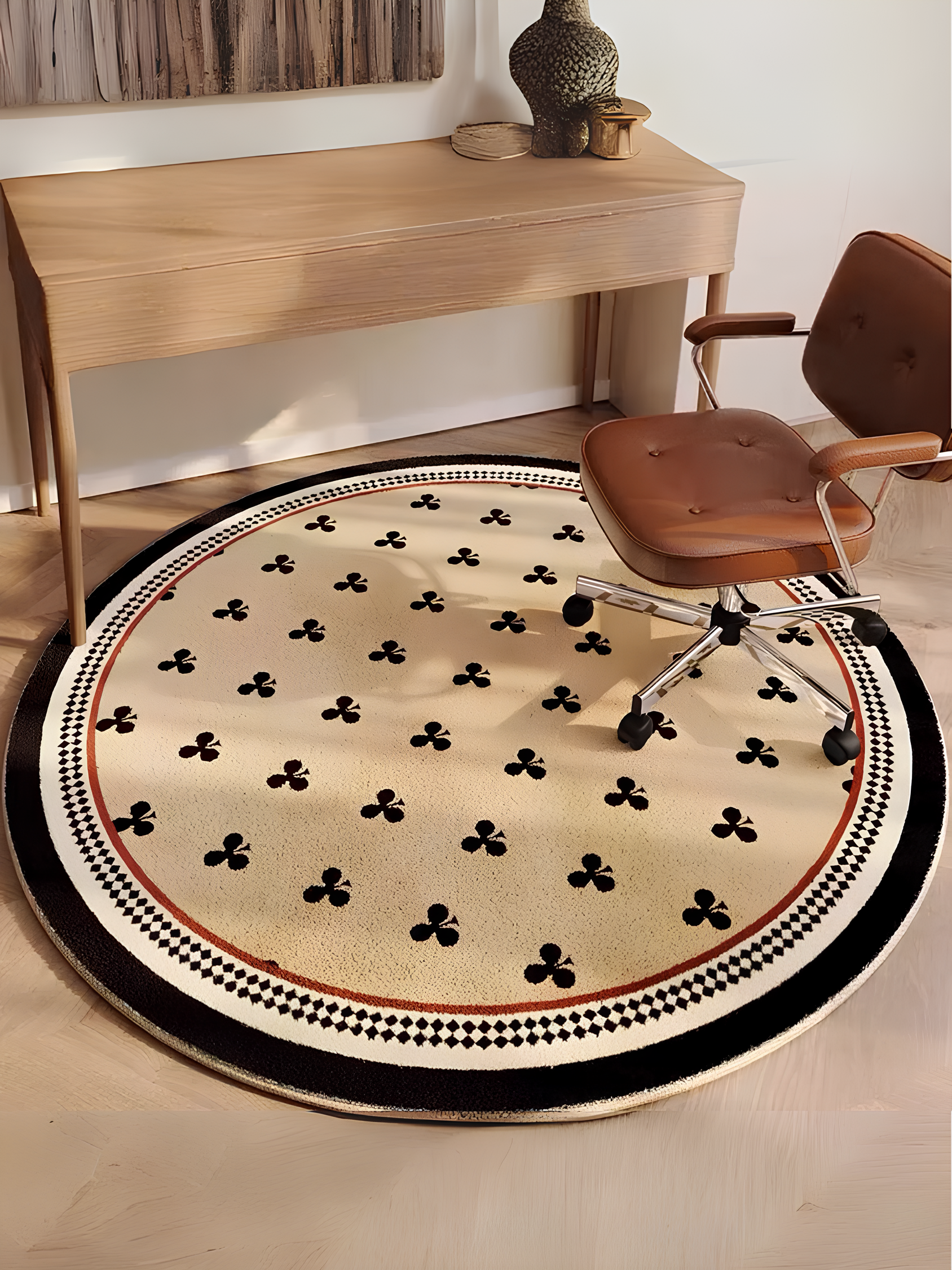 Tapis rond à la française, couleur beige, motifs et bordure noire