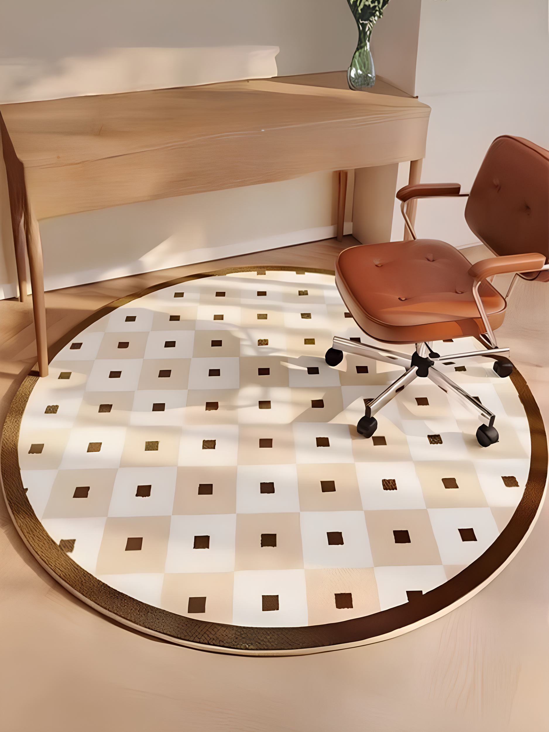 Tapis rond à la française, beige avec motifs et bordure marron