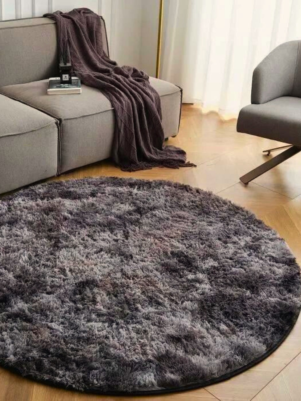 Tapis Rond Ultra Doux à Longs Poils Couleur Noir Anthracite