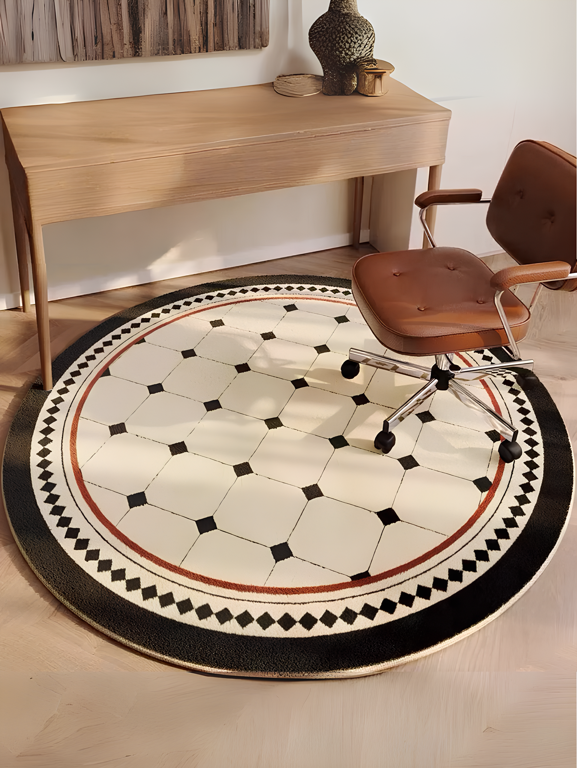 Tapis rond à la française, beige et bordure noir