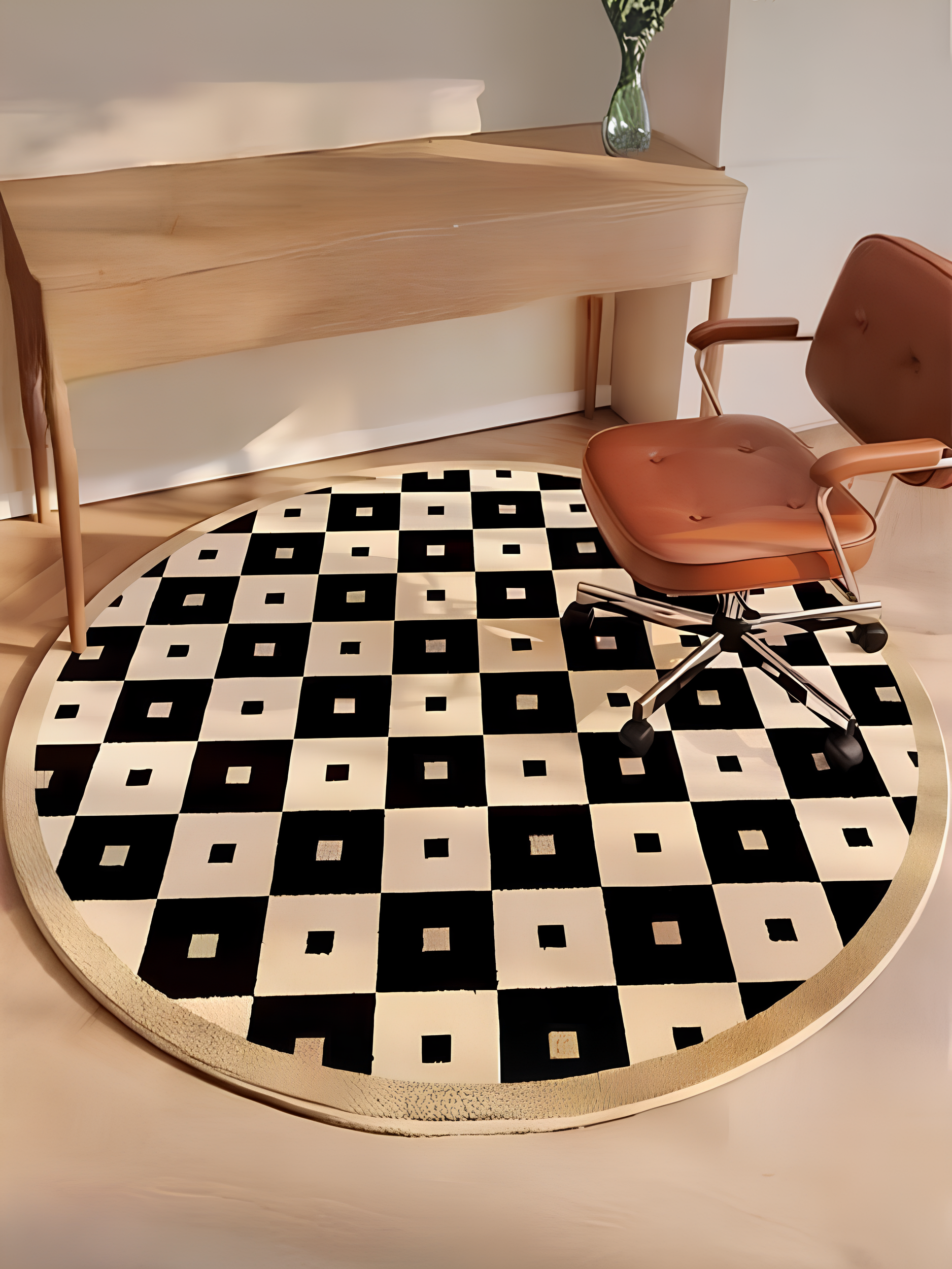 Tapis rond à la française, noir et blanc