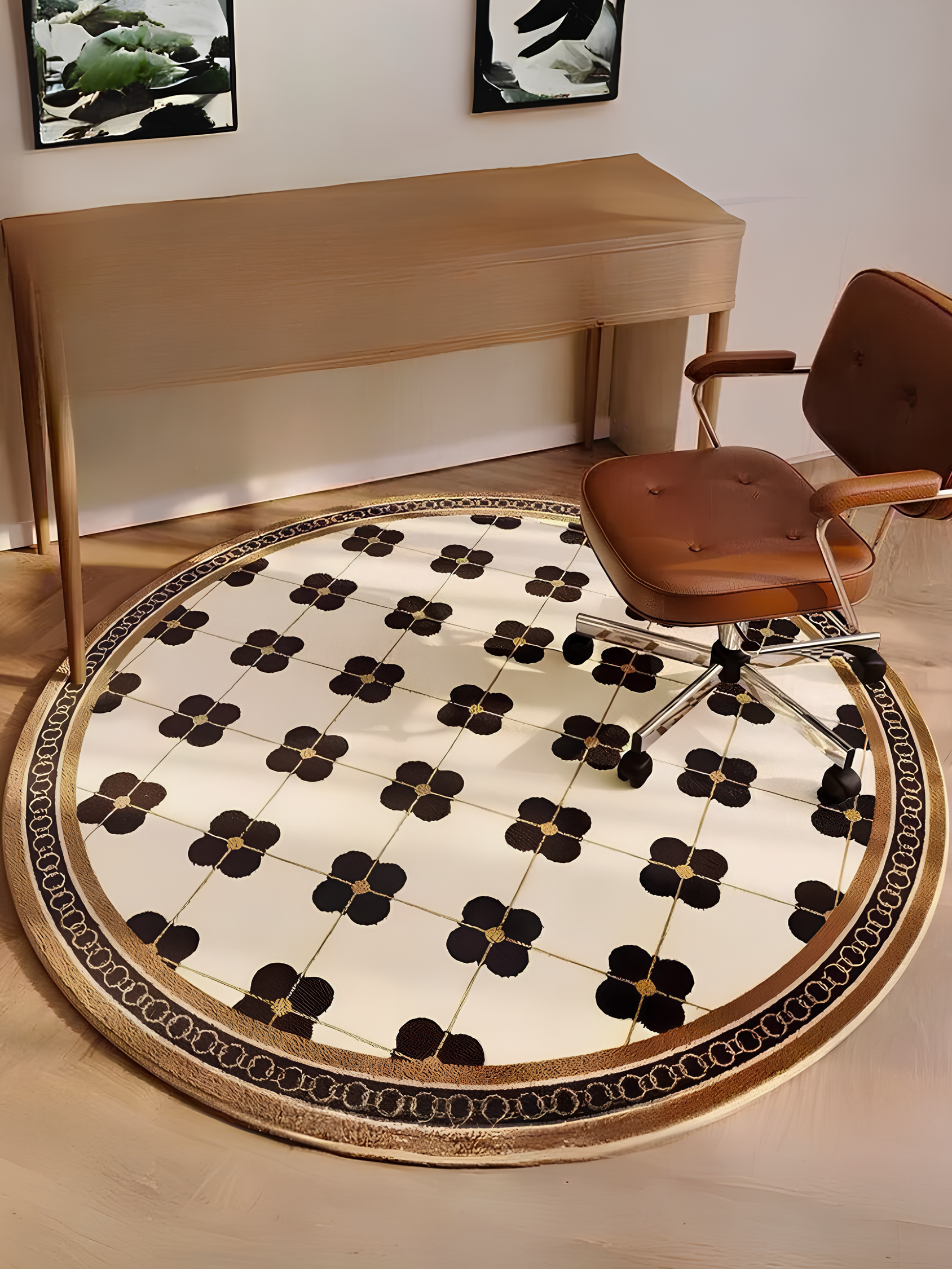 Tapis rond à la française, beige avec motifs noirs