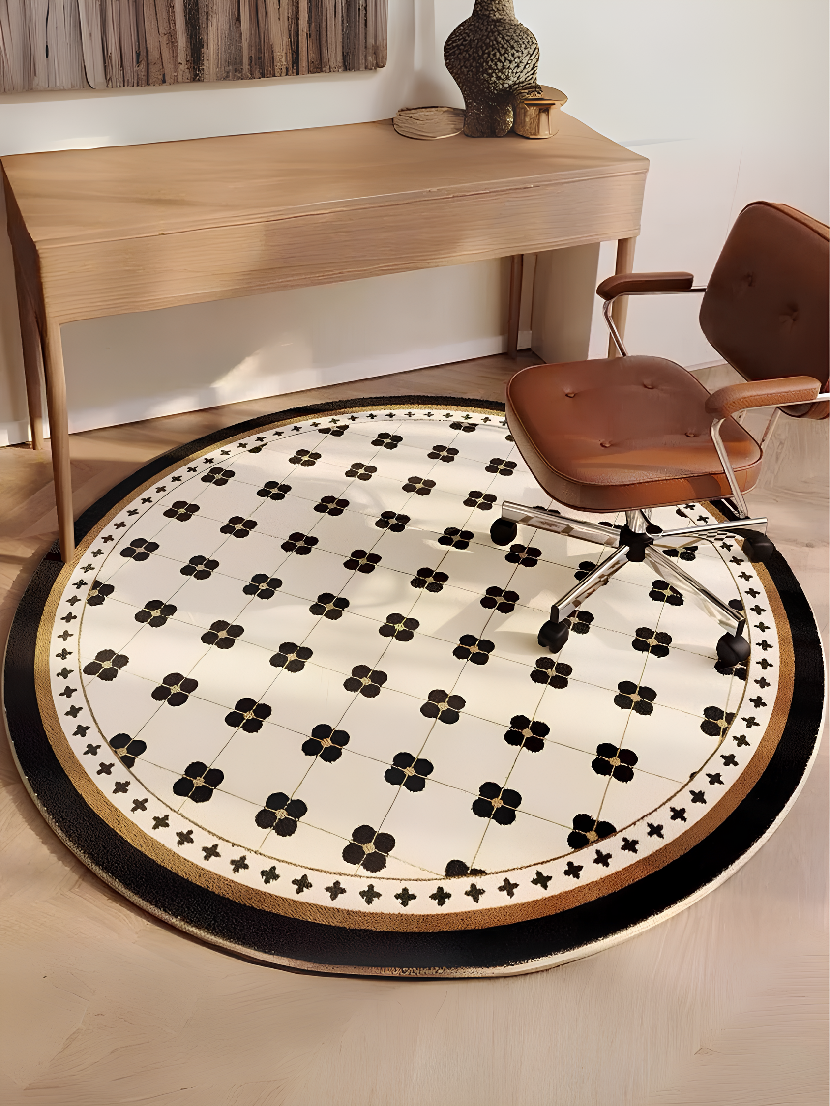 Tapis rond à la française, beige et noir