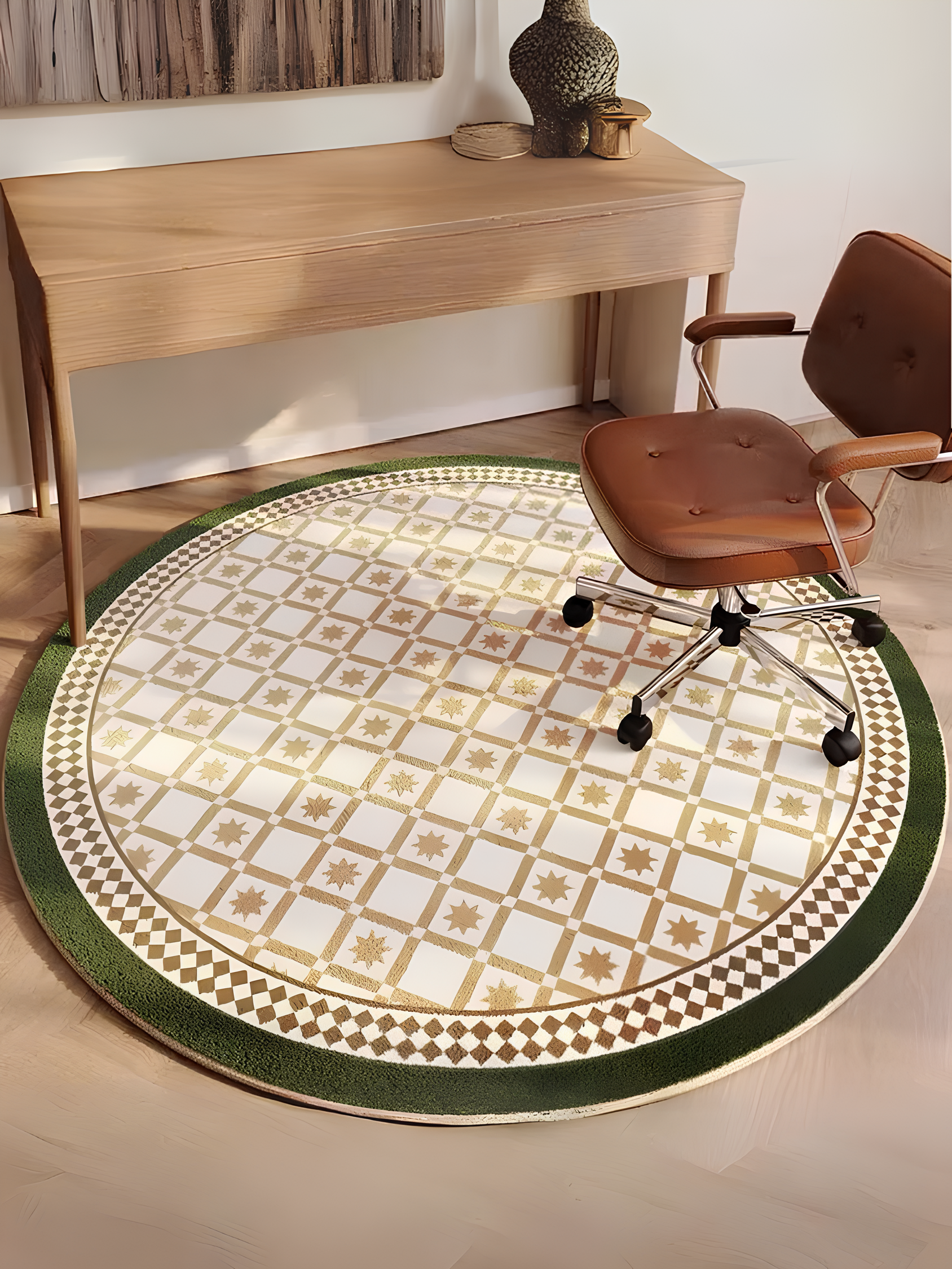 Tapis rond à la française, beige et bordure verte