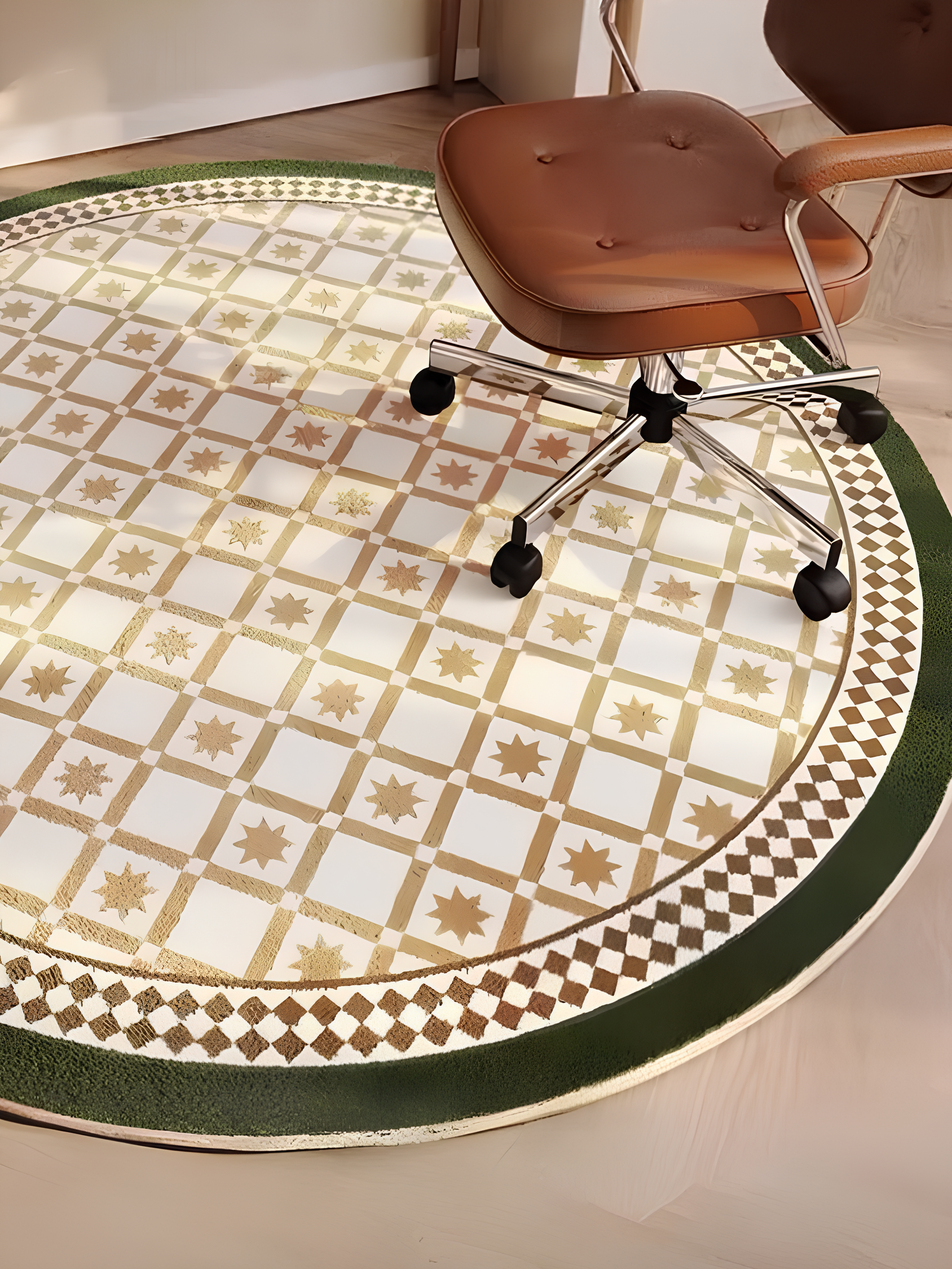 Tapis rond à la française, beige et bordure verte