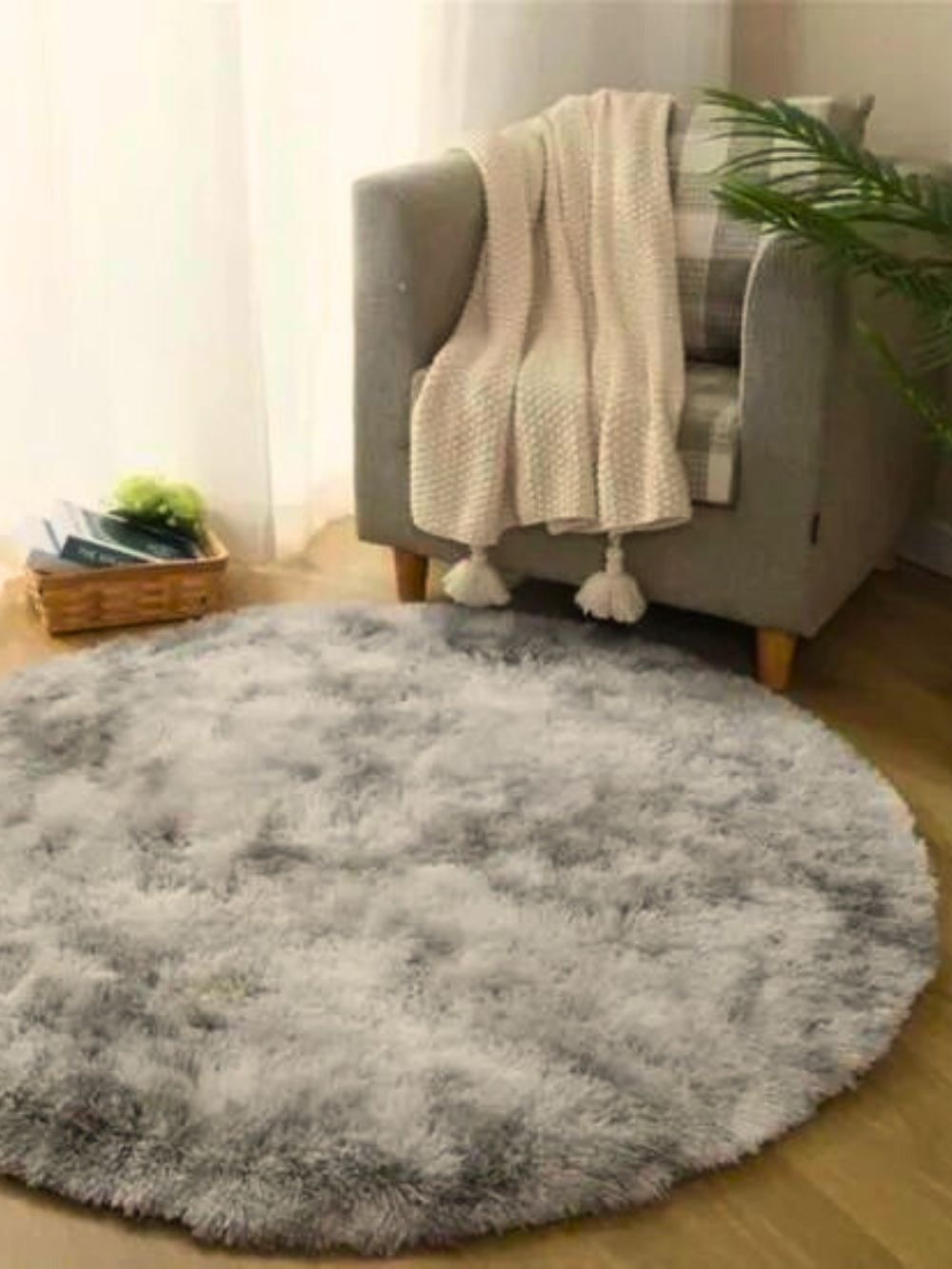 Tapis Rond Ultra Doux à Longs Poils Couleur Gris Perle