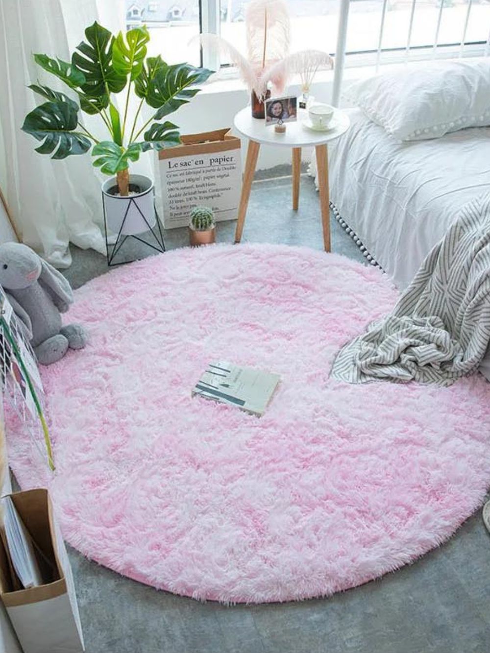 Tapis Rond Ultra Doux à Longs Poils Couleur Rose