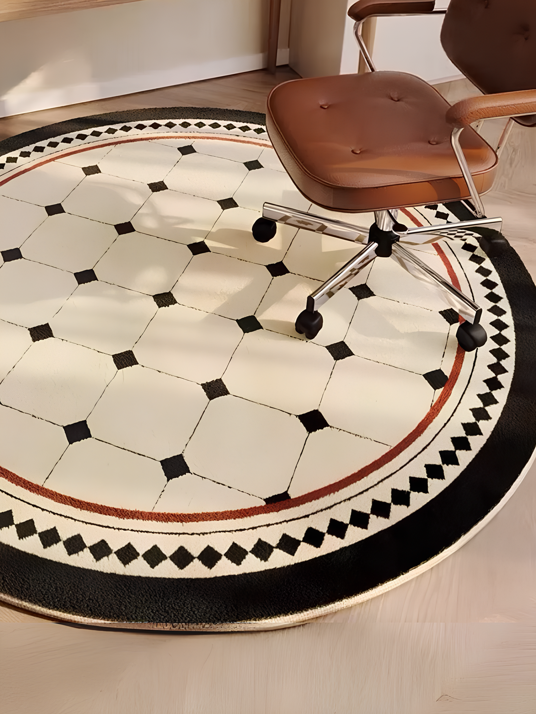 Tapis rond à la française, beige et bordure noir