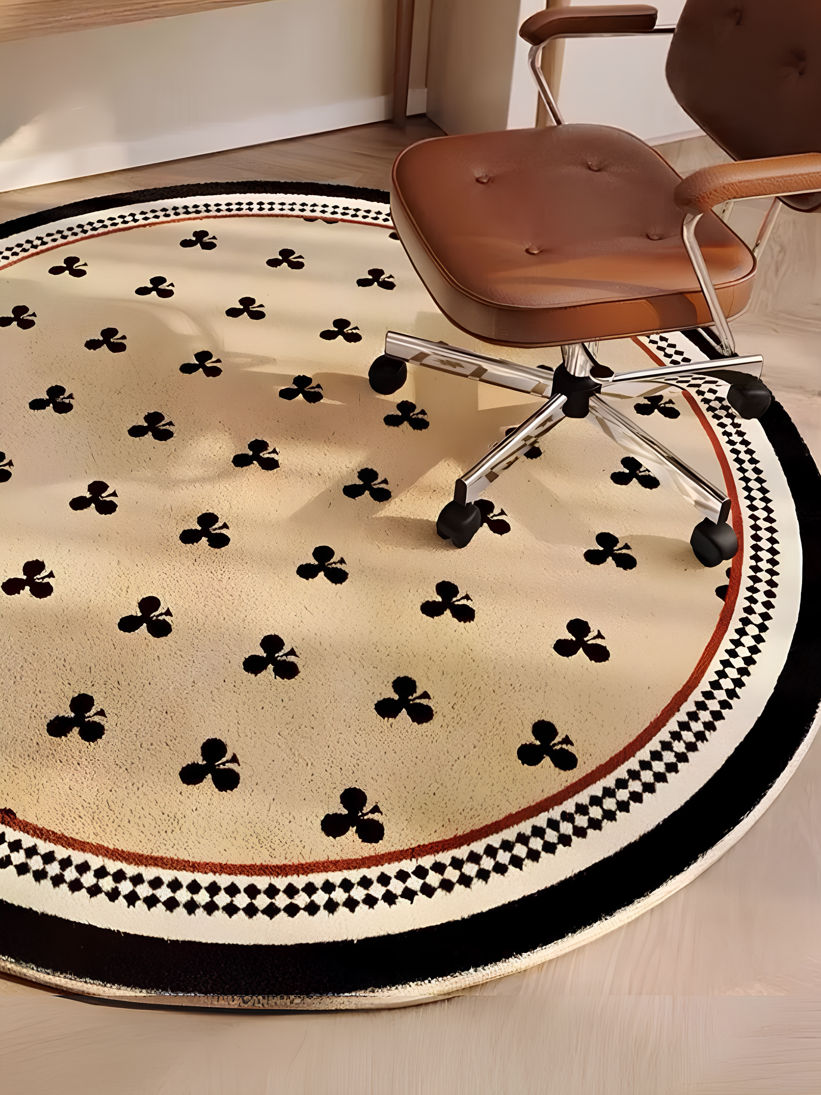 Tapis rond à la française, couleur beige, motifs et bordure noire