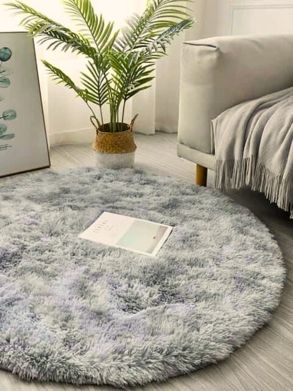 Tapis Rond Ultra Doux à Longs Poils Couleur Gris Perle