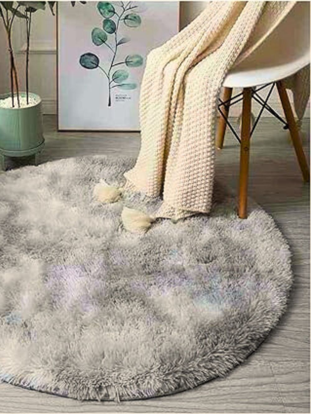 Tapis Rond Ultra Doux à Longs Poils Couleur Gris Perle